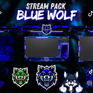 Animated Stream pack Blue Wolf, stream overlay, webcam overlay, twitch alerts, screen overlay, twitch emote, twitch panels, stream pack.