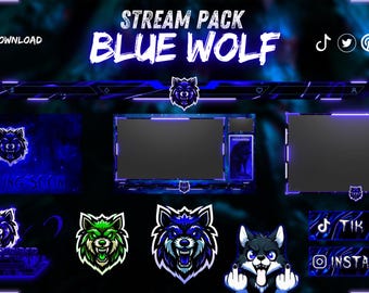 Animated Stream pack Blue Wolf, stream overlay, webcam overlay, twitch alerts, screen overlay, twitch emote, twitch panels, stream pack.