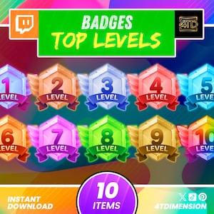 Twitch Sub Badges Level Pack, colorful rank badges for streamers, level up loyalty badges, Twitch OBS, YouTube streaming, kick, Discord.