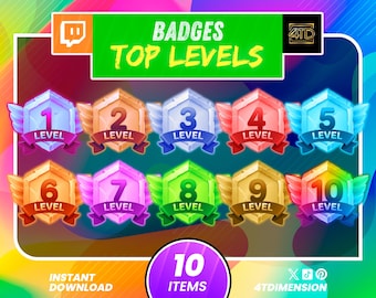 Pacchetto livello badge abbonati Twitch, badge di livello colorati per streamer, badge fedeltà per l'aumento di livello, Twitch OBS, streaming su YouTube, kick, Discord.