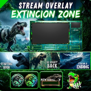May include: A digital stream overlay package titled EXTINCION ZONE featuring a prehistoric jungle theme with a roaring T-Rex, green accents, and various interface elements including a main screen frame, status panels, and a cartoon dinosaur graphic.