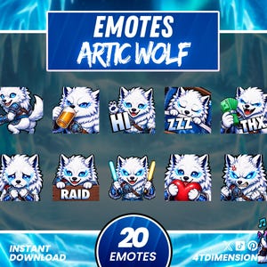 Könnte beinhalten: Eine Sammlung von 20 digitalen Emotes mit einem weißen Polarwolf mit blauen Augen. Die Emotes zeigen verschiedene Ausdrücke und Aktionen, darunter das Halten von Geld, Schlafen und das Sagen von "Hi" und "THX". Der Text "EMOTES ARTIC WOLF" wird oben angezeigt.
