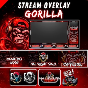 Pack Stream Gorilla Rojo, Overlay Animado para Twitch, Overlay Webcam, Alertas, Emotes e Insignias para OBS