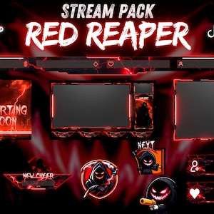 Könnte beinhalten: Ein digitales Streaming-Paket mit dem Titel "Red Reaper" mit einem dunkelroten und schwarzen Thema. Das Paket enthält verschiedene Overlay-Elemente, wie z. B. Bildschirme, Benachrichtigungen und Social-Media-Buttons, mit einem Sensenmann-Design. Die Worte "Sofort-Download" sind sichtbar.