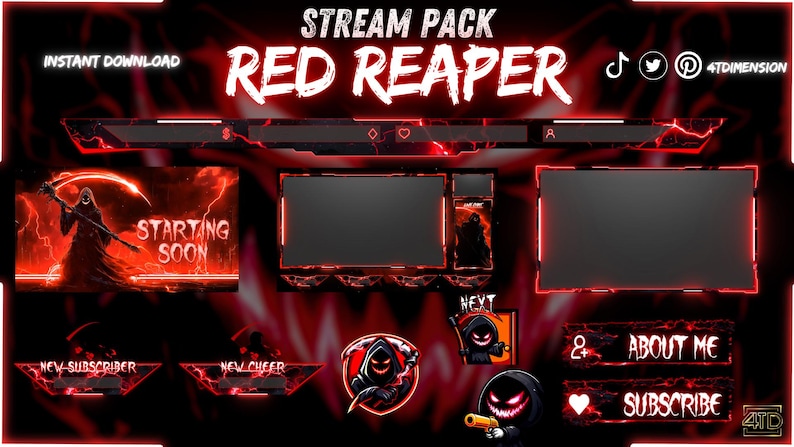 May include: A digital stream pack titled Red Reaper featuring a dark theme with red lightning accents. It includes overlays, a starting soon screen, and various panels with text like About Me and Subscribe, all decorated with a hooded reaper figure.