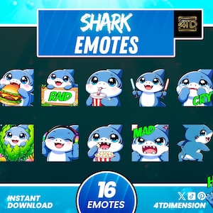 Pack de Emotes de Tiburón Animados y Estáticos para Twitch y Discord, Tiburón Kawaii para Chat y Streams (Descarga Digital)