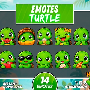 Kawaii grön sköldpadda animerade emotes, paket med 14 animerade och statiska emotes för Twitch, tropisk chibi-design, Kick och Youtube.