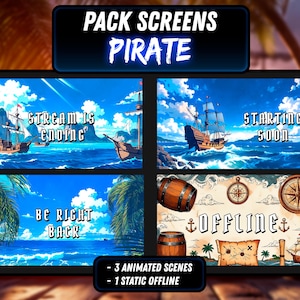 Könnte beinhalten: Digitales Kunstpaket mit Piraten-Thema. Es enthält animierte Szenen von Piratenschiffen auf See und eine Offline-Szene mit Schatzkarte, Kompass und Fässern. Text beinhaltet "PACK SCREENS PIRATE", "STREAM IS ENDING", "STARTING SOON", "BE RIGHT BACK" und "OFFLINE".