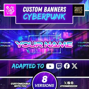 Puede incluir: Diseño de banner digital con temática cyberpunk. El diseño presenta el texto "CUSTOM BANNERS CYBERPUNK" en estilo neón. El banner es adaptable a varias plataformas e incluye el texto "YOUR NAME".