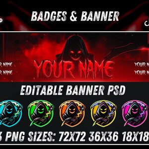 May include: A digital banner and badge set featuring a hooded grim reaper figure with glowing eyes and a scythe. The banner displays the text YOUR NAME in red, while the badges appear in red, blue, green, orange, yellow, pink, and purple colors.