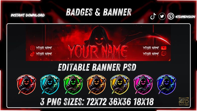 May include: A digital banner and badge set featuring a hooded grim reaper figure with glowing eyes and a scythe. The banner displays the text YOUR NAME in red, while the badges appear in red, blue, green, orange, yellow, pink, and purple colors.
