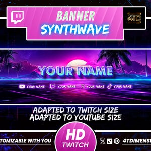 Puede incluir: Diseño de banner Synthwave en rosa, morado y azul, con el texto "BANNER SYNTHWAVE" y "YOUR NAME". Incluye iconos de redes sociales. Adaptado para Twitch y YouTube, con una estética retro.