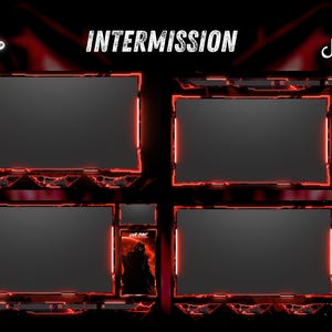 May include: A digital streaming overlay set featuring a black and red color scheme with glowing red borders. The design includes the text INTERMISSION, INSTANT DOWNLOAD, and 4TDIMENSION, along with social media icons and a dark hooded figure graphic.