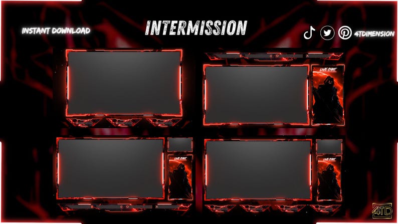 May include: A digital streaming overlay set featuring a black and red color scheme with glowing red borders. The design includes the text INTERMISSION, INSTANT DOWNLOAD, and 4TDIMENSION, along with social media icons and a dark hooded figure graphic.