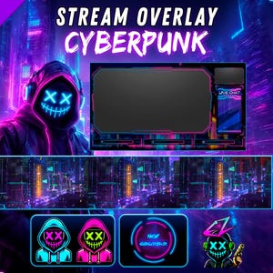 May include: A digital stream overlay package featuring a cyberpunk theme with neon pink and blue accents. It includes a main screen frame, a live chat box, a bottom banner with city graphics, and circular icons with a hooded figure and text.