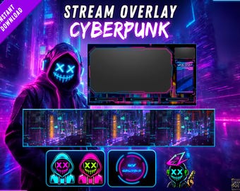 May include: A digital stream overlay package featuring a cyberpunk theme with neon pink and blue accents. It includes a main screen frame, a live chat box, a bottom banner with city graphics, and circular icons with a hooded figure and text.