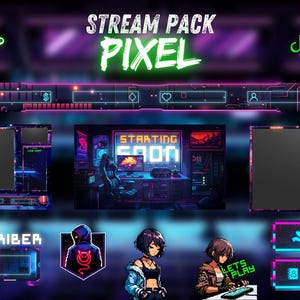 May include: A digital art stream pack with a pixelated aesthetic. The design features a neon colour scheme with purple, pink, and green accents. Includes overlays for streaming, with text that says "STREAM PACK PIXEL", "STARTING SOON", "NEW SUBSCRIBER", "DONATE", and "CONTACT".