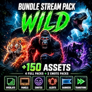 Op de afbeelding: Digitaal kunstbundel met de tekst "BUNDLE STREAM PACK WILD" met een tijger, gorilla, wolf en dinosaurus. Bevat +150 assets, 4 volledige packs en 2 emote packs. Pictogrammen voor overlays, panelen, emotes, waarschuwingen, banners en overgangen zijn ook afgebeeld.