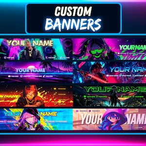 Könnte beinhalten: Eine Sammlung von benutzerdefinierten Bannern mit leuchtenden Neonfarben. Jedes Banner hat ein einzigartiges Design, darunter Charaktere im Anime-Stil und Porträts, mit dem Text "YOUR NAME" prominent dargestellt. Das obere Banner lautet "CUSTOM BANNERS".