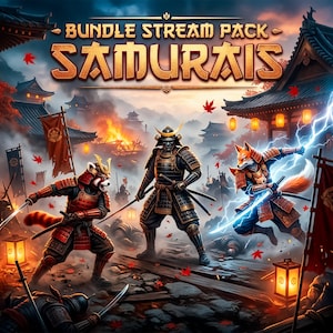 May include: Digital artwork featuring samurai warriors in a Japanese setting. The image showcases three figures: a raccoon, a fox, and a human, all clad in samurai armor, wielding swords. The background includes traditional buildings, flags, and a lightning strike, with the text "BUNDLE STREAM PACK SAMURAIS".