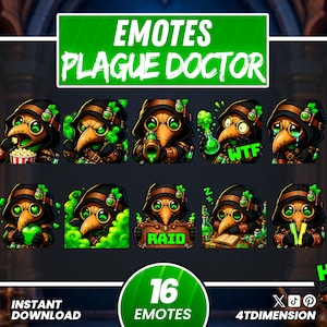 May include: A digital collection of 16 plague doctor emotes featuring a character in a black hood and brown bird mask with glowing green eyes. The set includes various expressions and actions, with text elements reading EMOTES PLAGUE DOCTOR, WTF, RAID, and HI.
