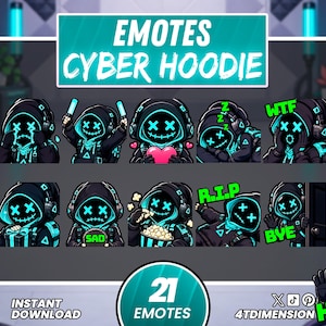Puede incluir: Una colección digital de 21 emoticonos titulada EMOTES CYBER HOODIE, que muestra un personaje con sudadera negra con detalles en cian brillante, ojos en forma de X y boca cosida. Incluye varias expresiones como llorar, dormir y saludar.
