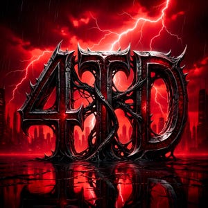 May include: The metallic, dark, and thorny letters 4TD stand prominently against a vibrant red background featuring a stormy sky with lightning bolts and a silhouetted city skyline reflected on a dark, cracked, and wet ground surface.
