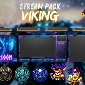 Puede incluir: Un paquete de transmisión de Twitch azul y morado con temática vikinga. El paquete incluye una pantalla de inicio, una alerta de nuevo suscriptor y iconos de redes sociales. El texto "STREAM PACK VIKING" está en la parte superior de la imagen.