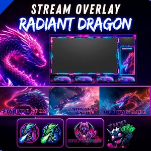 May include: A digital stream overlay set titled Radiant Dragon featuring neon purple and blue dragon graphics. Includes a main screen frame, status screens with text like Starting Soon, Stream is Ending, Be Right Back, and circular icons with dragon heads.