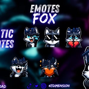 Puede incluir: Siete emoticonos estáticos de Twitch que representan a un zorro de dibujos animados con diferentes expresiones. Los emoticonos incluyen "OMG", "HAHA", "LOVE YOU", "SAD", "TRY", "COOL" y "PAW". Los emoticonos están diseñados en un esquema de color blanco y negro con acentos azules.