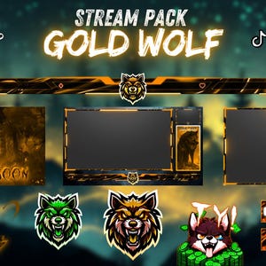 Animated Stream pack Gold Wolf, stream overlay, webcam overlay, twitch alerts, screen overlay, twitch emote, twitch panels, stream pack.