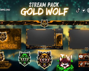 Animated Stream pack Gold Wolf, stream overlay, webcam overlay, twitch alerts, screen overlay, twitch emote, twitch panels, stream pack.