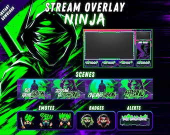 May include: A digital stream overlay package featuring a ninja theme in neon green and purple. Includes a main webcam frame, scene graphics with text like Be Right Back, Stream Starting, Ending Soon, Offline, plus custom emotes, badges, and alerts.