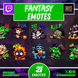 Puede incluir: Un conjunto de 21 emotes de fantasía con diversos personajes y expresiones. Los emotes incluyen un duende verde diciendo "Hi", una bruja con "OK", un lobo durmiendo y un zombi con "R.I.P.". La imagen tiene el texto "FANTASY EMOTES".