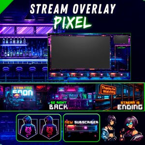 May include: A digital stream overlay set featuring a pixel art bar background with neon purple and blue lighting. Includes a main screen frame, status screens with text like STARTING SOON, BE RIGHT BACK, and STREAM IS ENDING, plus alert boxes.