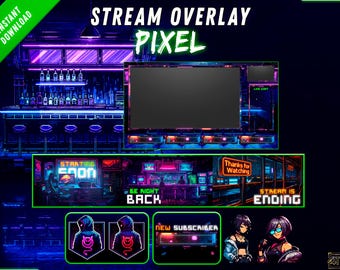 Pixel Art Animated Streaming Overlay Pack for Twitch, Retro Gaming Overlay for Kick and YouTube, Alerts, Panels, Emotes