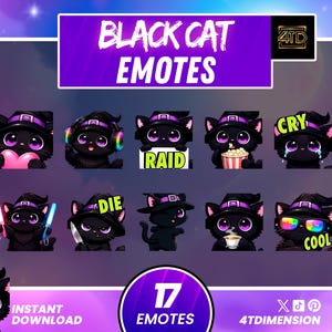 Könnte beinhalten: Ein digitales Kunstwerk mit 11 schwarzen Katzen-Emotes mit Hexenhüten, jeweils mit einem anderen Ausdruck oder Requisit. Der Text oben lautet "BLACK CAT EMOTES". Der Text unten lautet "17 EMOTES" und "SOFORT-DOWNLOAD".