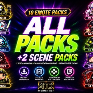 以下が含まれることがあります： Twitch 用の「10 個の絵文字パック」と「+2 シーンパック」を宣伝する鮮やかなグラフィック。画像には、スカル、死神、兵士など、さまざまな絵文字を持つさまざまな漫画のキャラクターが登場します。「インスタントダウンロード」と「Twitch 用に最適化」というテキストが含まれています。