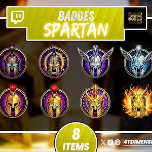 Puede incluir: Una colección de ocho insignias con temática espartana con ilustraciones detalladas de cascos. Las insignias presentan un diseño circular con detalles en morado y dorado. El texto "BADGES SPARTAN" se muestra en la parte superior. La parte inferior de la imagen dice "8 ITEMS".