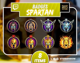 May include: A collection of eight Spartan-themed badges with detailed illustrations of helmets. The badges feature a circular design with purple and gold accents. The text "BADGES SPARTAN" is displayed at the top. The bottom of the image reads "8 ITEMS".