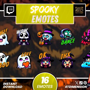 Puede incluir: Una colección de 16 emoticonos digitales con temática espeluznante que presentan personajes de dibujos animados, incluidos fantasmas, un esqueleto, un zombi, un murciélago y brujas. Los gráficos incluyen textos como HI, WOW, DANCE, EZ, BOO, LOVE, OK, THX y HYPE.