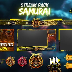 May include: A Twitch stream pack with a samurai theme. The pack includes a starting soon screen, a new subscriber alert, a chat box, a live chat box, an about me panel, a donate panel, and a hi alert. The pack is designed in a dark and edgy style with gold and yellow accents.