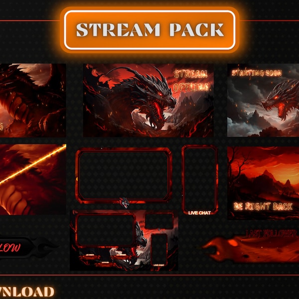Dragon Streaming Pack, Animated Webcam, Twitch Panels, Alerts, Chatbox, Animated Screens, Overlays, Animated.