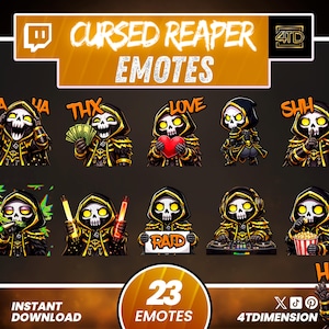 Puede incluir: Un conjunto de 23 emotes "Cursed Reaper" con un personaje con rostro de calavera en una túnica con capucha negra y dorada. Los emotes muestran varias expresiones y acciones, con burbujas de texto como "HA HA", "THX", "LOVE", "SHH", "RAID" y "HI!". También se ve el texto "INSTANT DOWNLOAD".