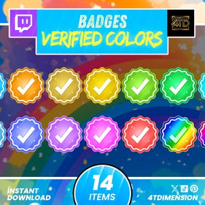 May include: A digital graphic showing 14 colourful verified badges with checkmarks. The badges are in various colours, including blue, orange, yellow, green, and pink. Text at the top reads "BADGES VERIFIED COLORS."