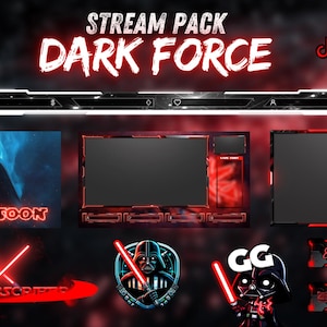 Pack de streams animés : Dark Force, superposition Twitch, superposition webcam, alertes, émoticônes, panneaux, écran animé, kick, transition OBS Stinger