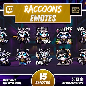 Puede incluir: Un gráfico digital que presenta 15 emotes de mapaches con diversas expresiones y accesorios. Los emotes incluyen burbujas de texto con palabras como "MAD", "GG" y "THX". La imagen también incluye el texto "RACCOONS EMOTES" y "INSTANT DOWNLOAD".
