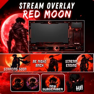 Geanimeerd donkerrood ninja-streamoverlaypakket voor Twitch, Kick, YouTube, OBS, Streamlabs, meldingen, panelen en emotes (digitale download)