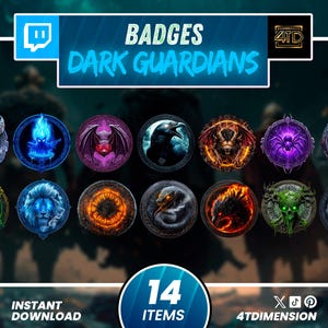 Dark Guardians Twitch Badges Set, fantasy skull demon animal icons, sub loyalty badges for streamers, Discord, YouTube gaming, Kick.