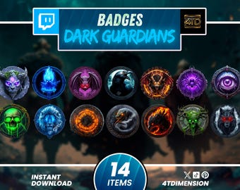 Dark Guardians Twitch Badges Set, fantasy skull demon animal icons, sub loyalty badges for streamers, Discord, YouTube gaming, Kick.
